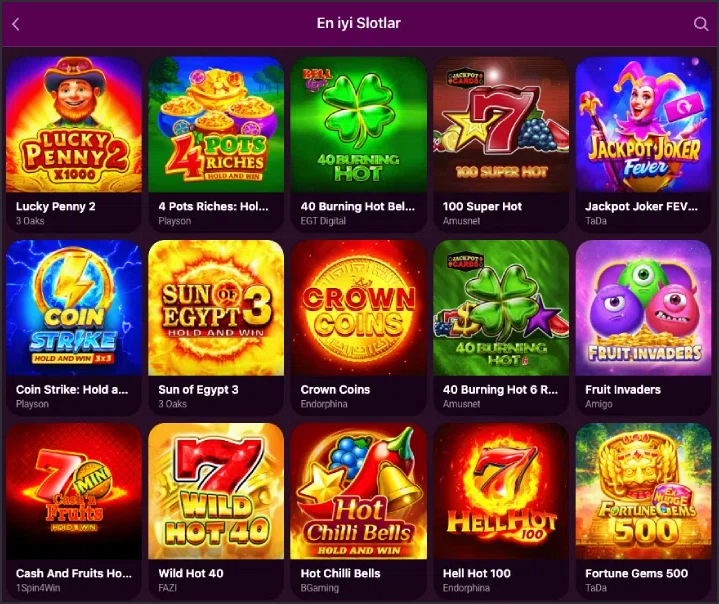Lüks Casino slot oyunları kategori ekranı görünümü