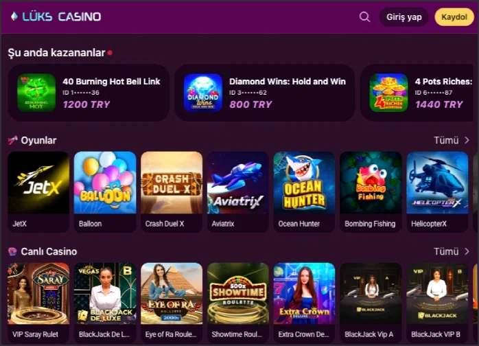 Lüks Casino ana sayfasında öne çıkan kazananlar bölümü