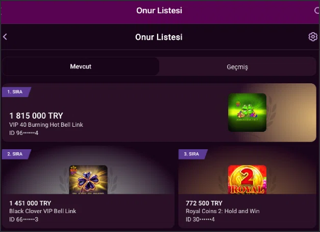 Lüks Casino oyuncular arası lider tablosu görünümü