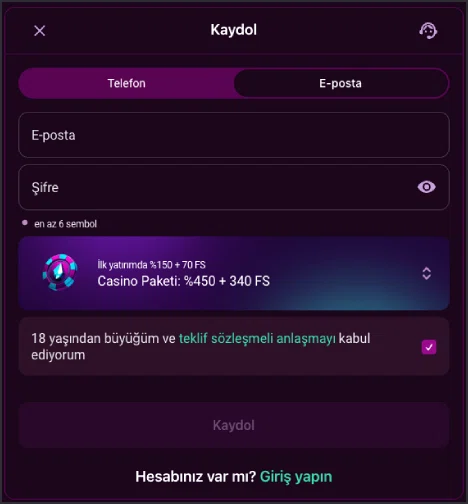 Lüks Casino e-posta ile kayıt formu ekranı