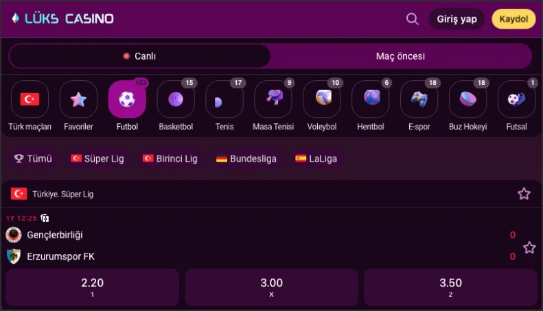 Lüks Casino spor bölümündeki disiplin kategorileri listesi