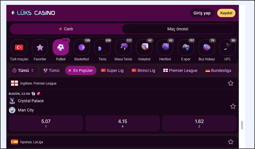 Lüks Casino maç öncesi bahis oranları ekranı