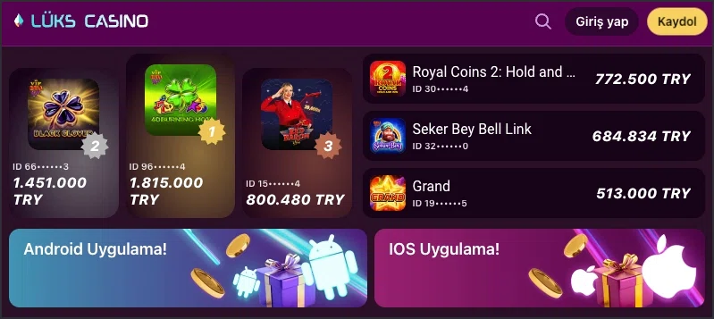Lüks Casino kazanan oyuncular ve güven göstergesi ekranı